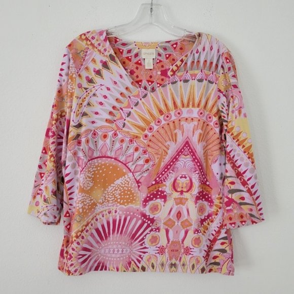 Chico's 3/4 Sleeve Vibrant Sunburst V-Neck Top Tee Women's 2 - Picture 1 of 4